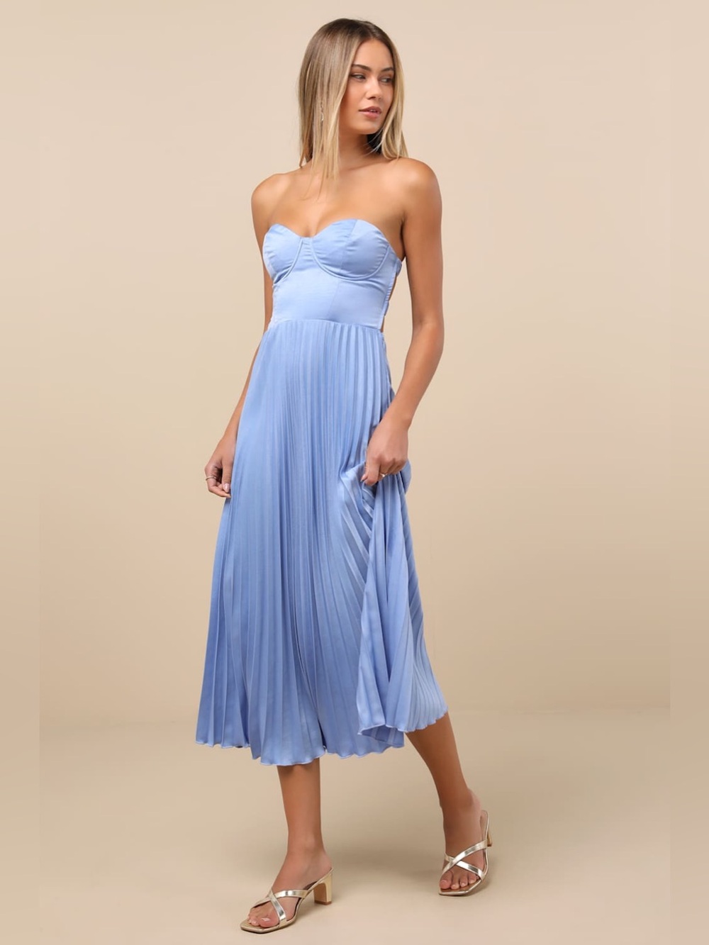 LULU’S Irelyn Dusty Blue Satin Bustier Midi Dress - Picture 2 of 6